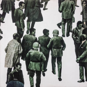 Pintura en la que, de manera muy realista, casi fotográfica, se ve desde lo alto a un grupo heterogéneo de personas caminando y cruzándose por lo que imaginamos ser una calle (el suelo y el fondo se han dejado en blanco, solo se representan las figuras de las personas). En el centro aparece de espaldas, un grupo de policías, de uniforme y de paisano, llevándose a un hombre detenido. El cuadro está pintado en una paleta monócroma de verdes oscuros, como si imitara una imagen en blanco y negro en un periódico de la época.